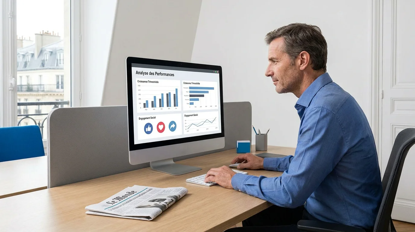 Consultant en réseaux sociaux analysant des indicateurs de performance sur un écran