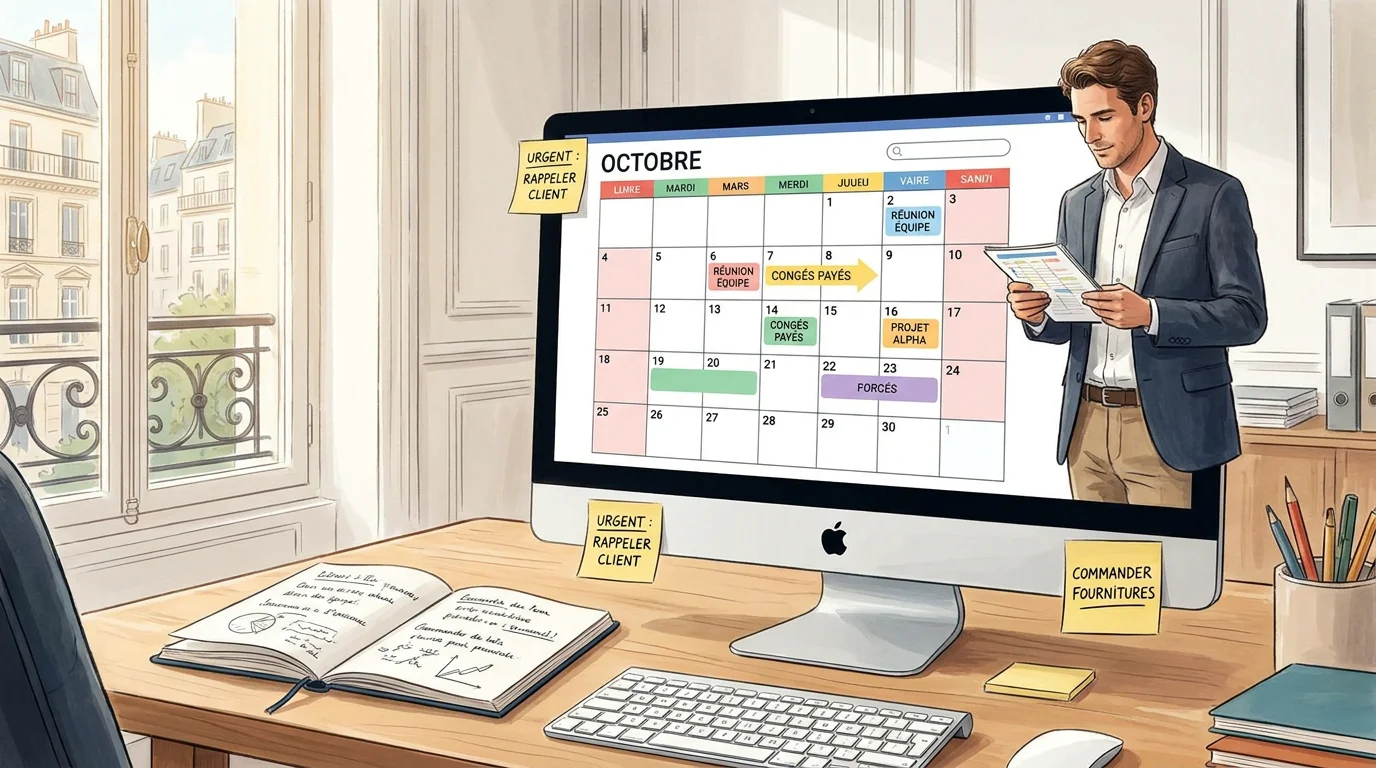 Bureau professionnel avec un calendrier éditorial affiché sur écran pour planifier les réseaux sociaux