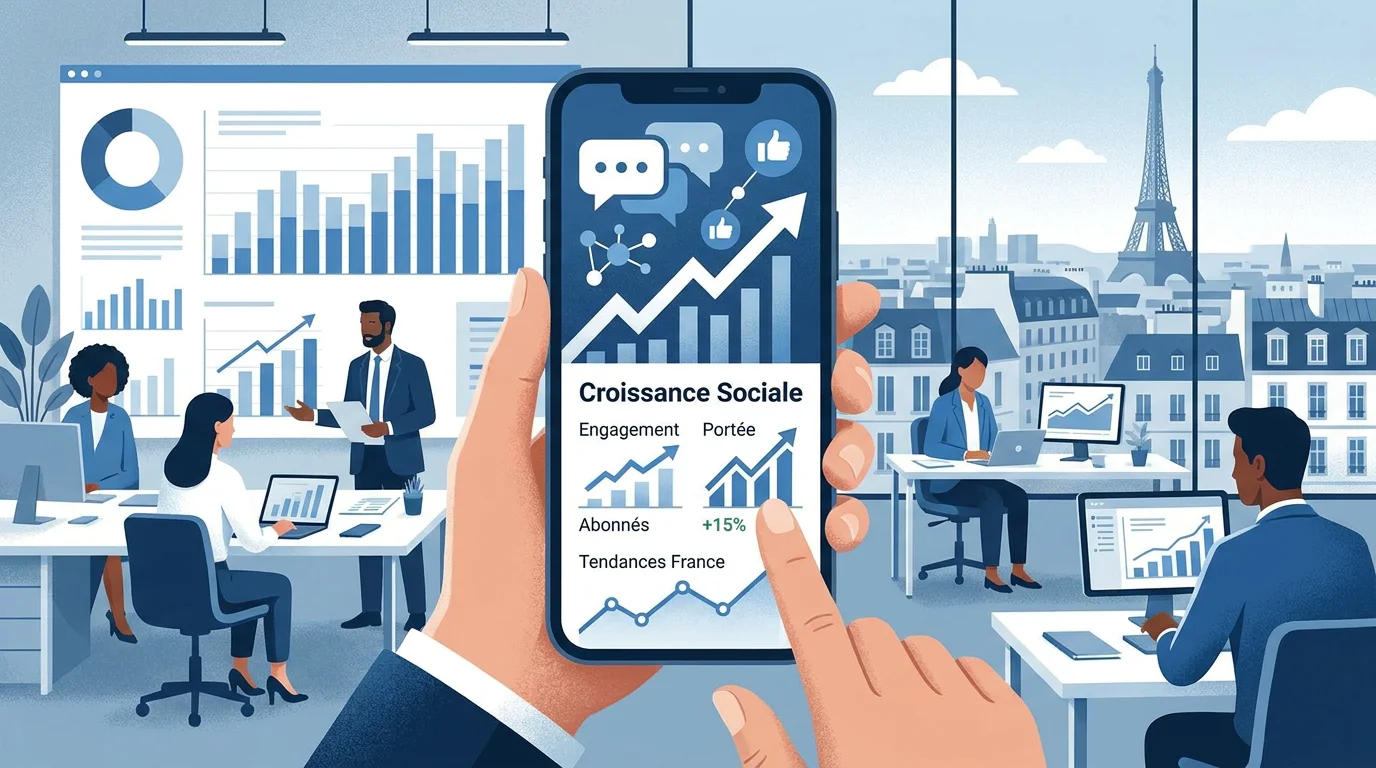 Écran de smartphone avec icônes de réseaux sociaux et graphiques de croissance en arrière-plan