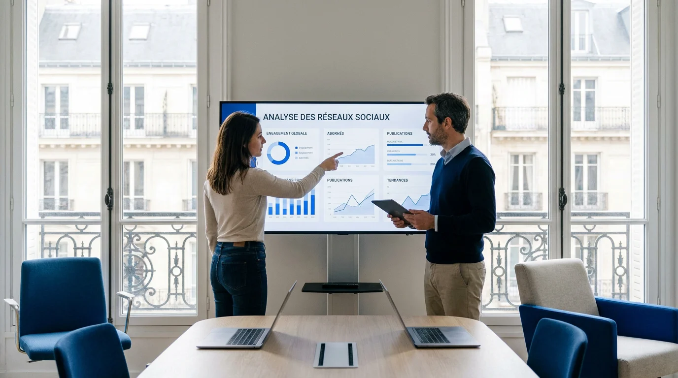 Équipe professionnelle analysant un tableau de bord de réseaux sociaux dans un bureau en France