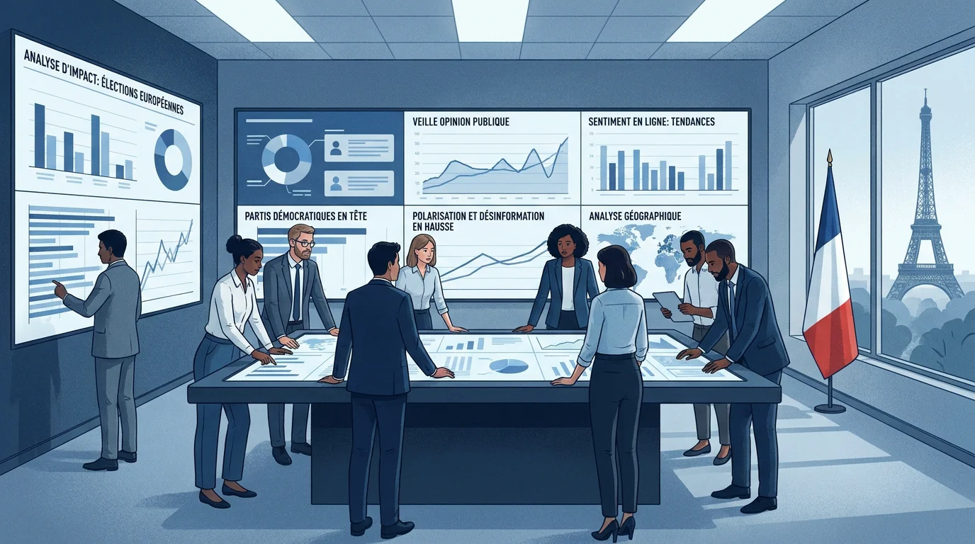 Équipe de communication analysant des données de veille en situation de crise