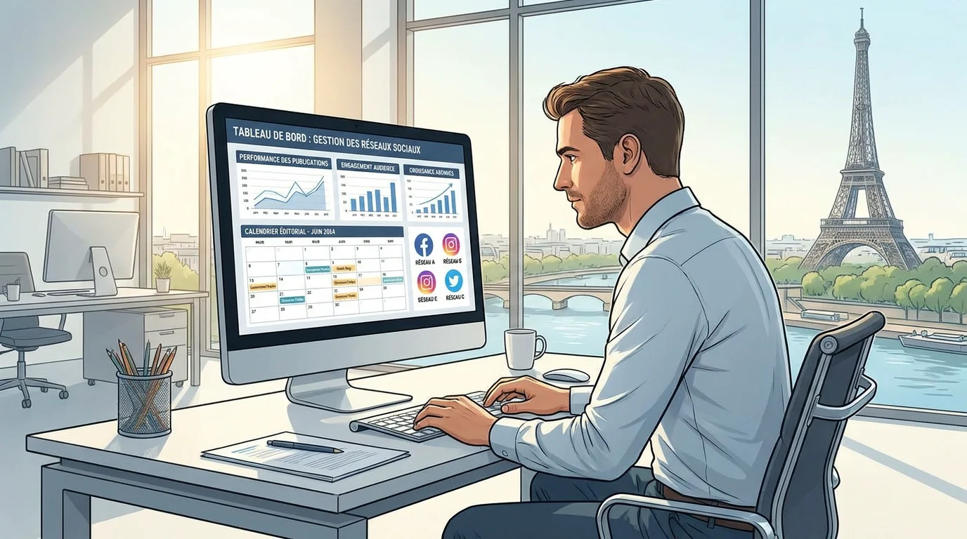 Tableau de bord de gestion des réseaux sociaux avec calendrier éditorial et indicateurs de performance