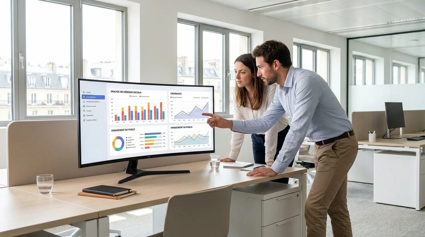 Équipe de professionnels analysant les performances de leurs réseaux sociaux sur un tableau de bord analytique
