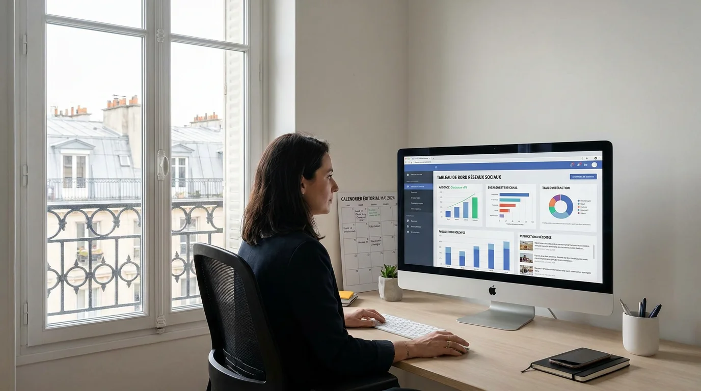 Professionnel européen gérant les réseaux sociaux depuis un tableau de bord centralisé