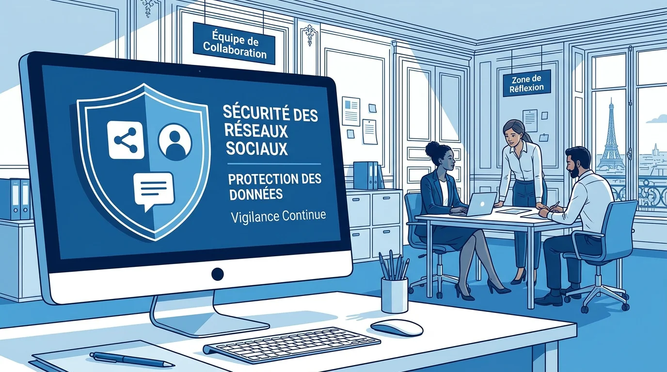 Bouclier protecteur devant un écran affichant des icônes de réseaux sociaux dans un bureau professionnel