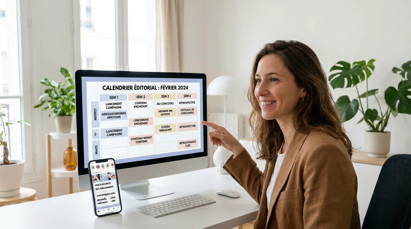 Espace de travail professionnel avec écran affichant un calendrier éditorial pour les réseaux sociaux