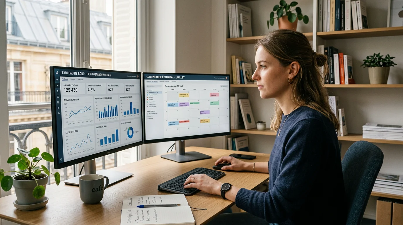 Un animateur de réseaux sociaux gère des publications et analyse les performances sur écran