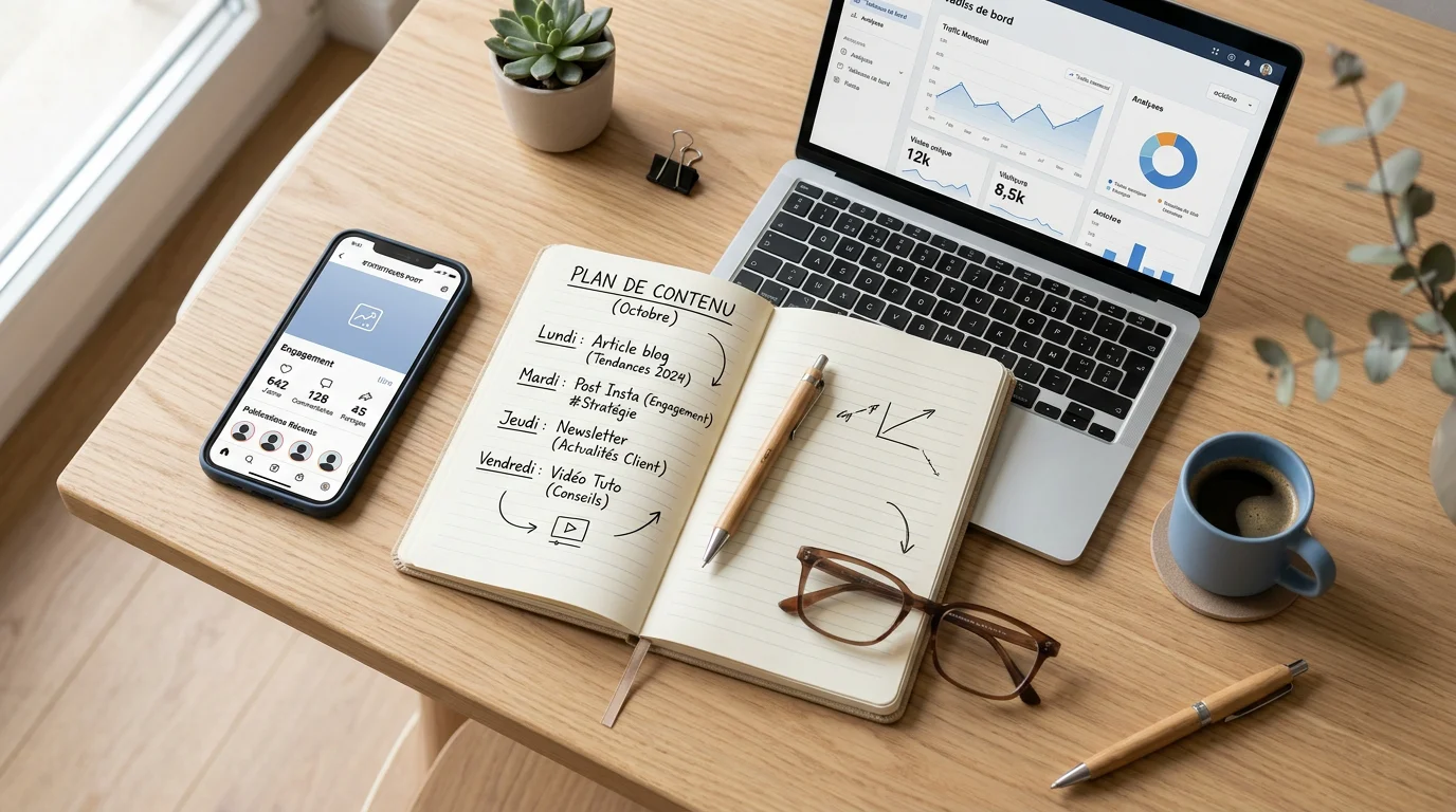 Espace de travail illustrant l'organisation d'un animateur de réseaux sociaux