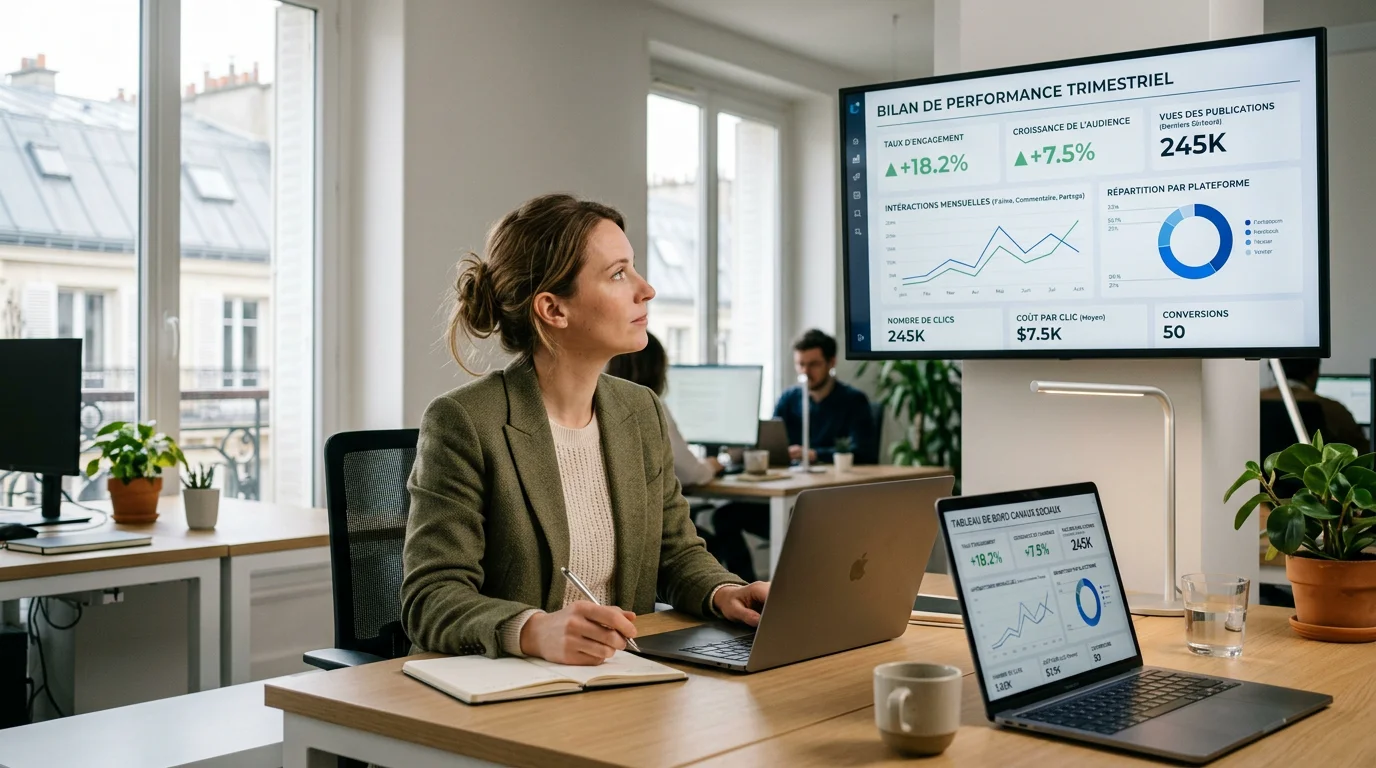 Professionnel européen analysant le ROI de ses réseaux sociaux sur un tableau de bord