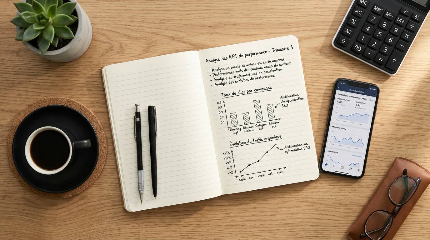 Bureau vu de dessus avec outils de mesure de la performance des réseaux sociaux