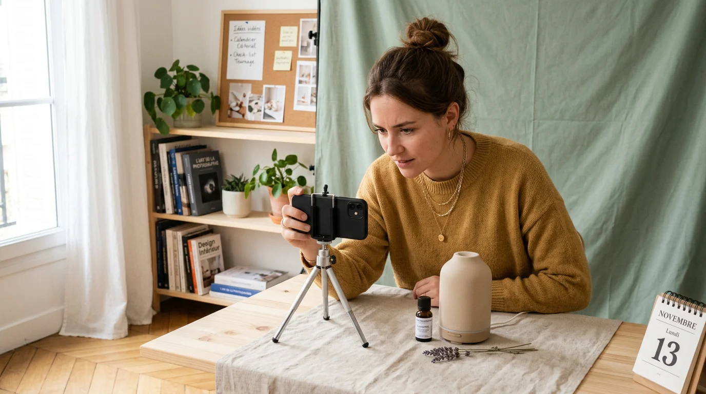 Créatrice de contenu européenne filmant un produit pour Instagram en studio