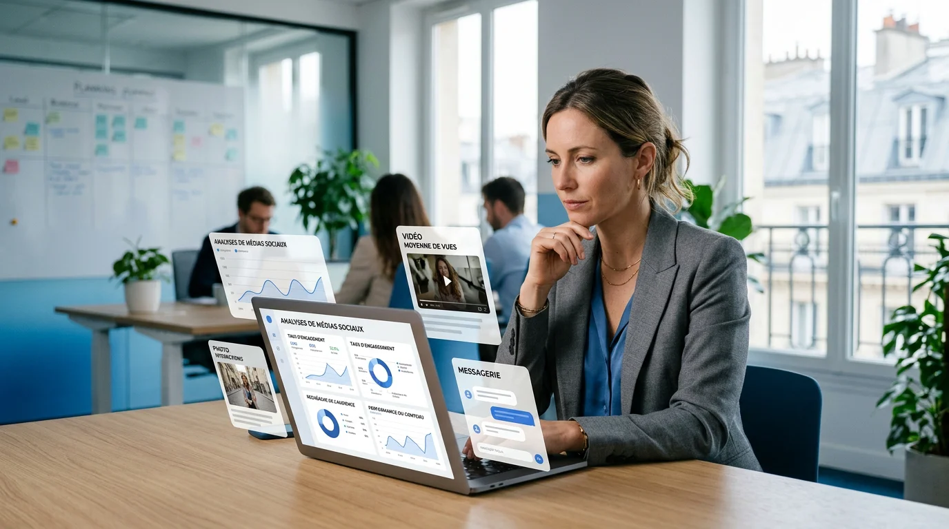 Professionnelle analysant les performances de plateformes sociales sur un ordinateur