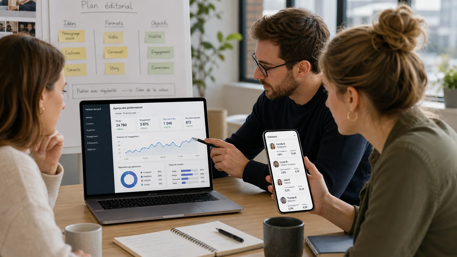 Équipe marketing analysant des profils de micro-influenceurs sur écran