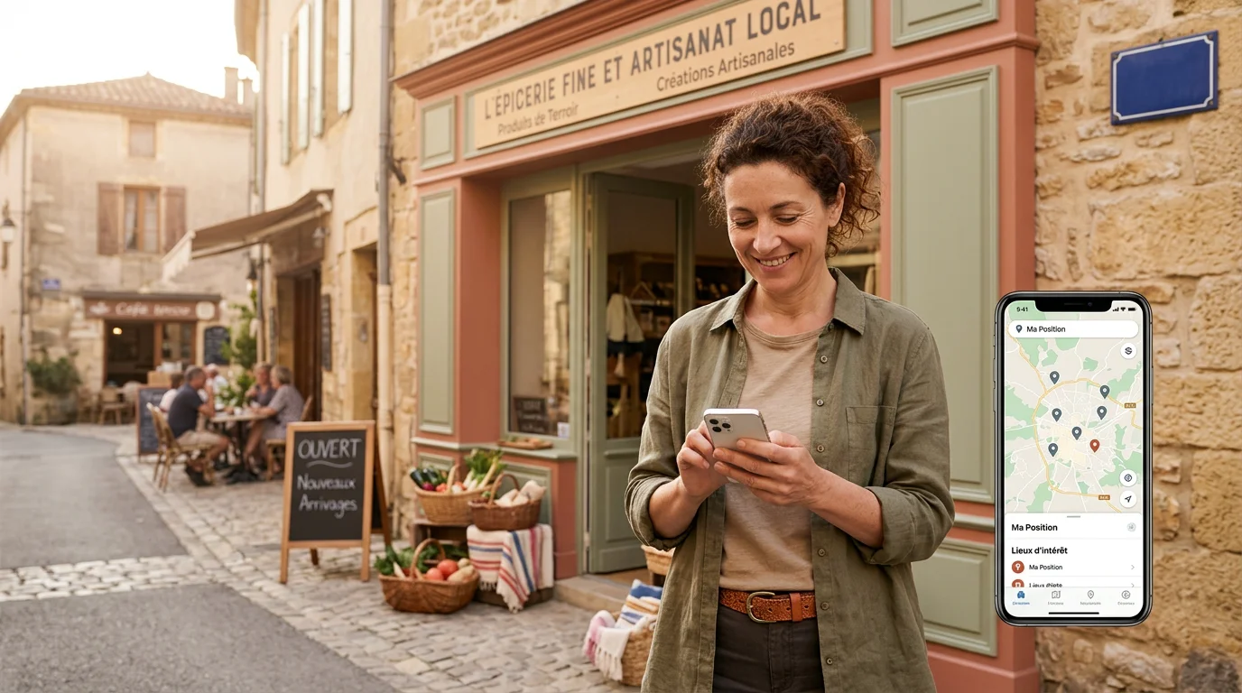 Commerçant consultant une carte de référencement local sur son smartphone