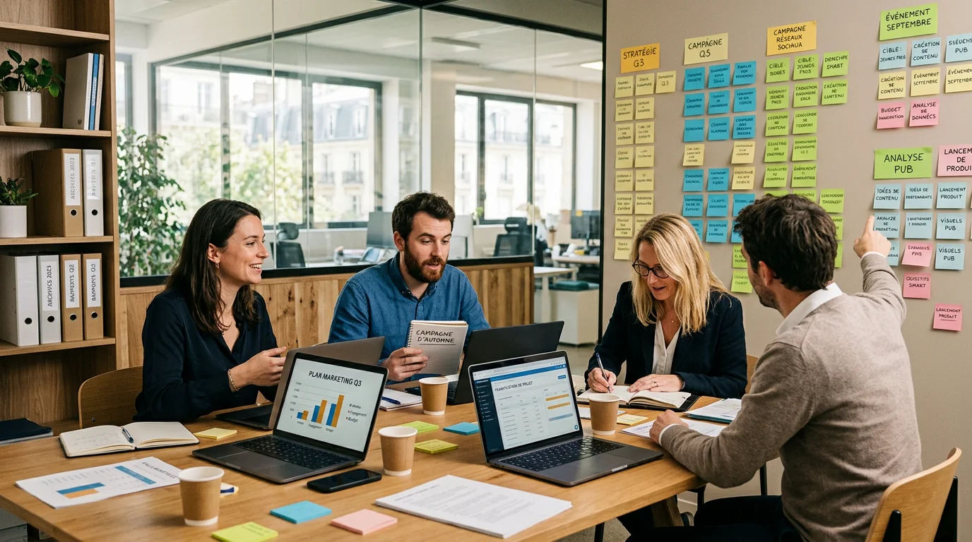 Équipe marketing européenne collaborant sur une stratégie de communication dans un bureau lumineux