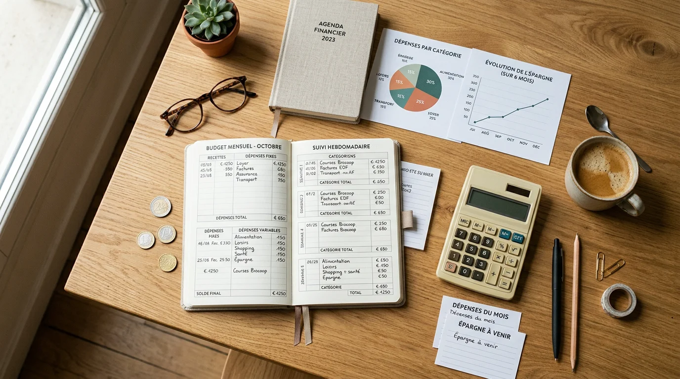 Bureau avec carnet de budget, calculatrice et graphiques pour planifier un budget de communication