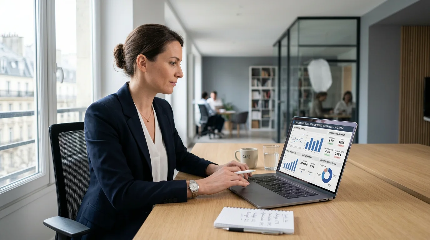 Spécialiste marketing analysant un tableau de bord de campagne publicitaire
