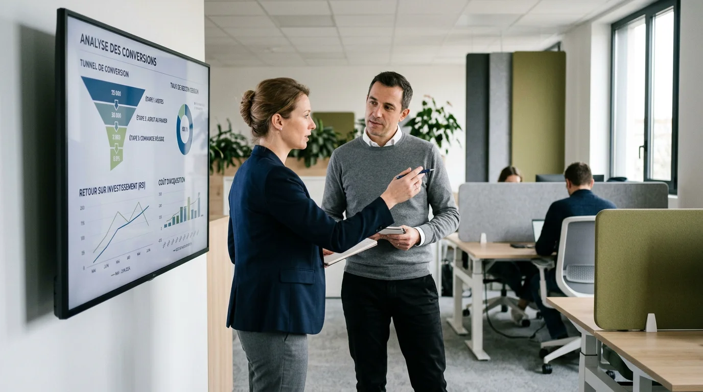Deux collaborateurs analysant la rentabilité de campagnes publicitaires