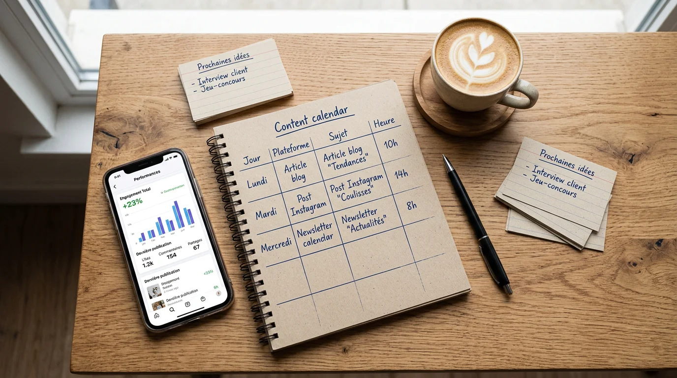 Plan de contenu et indicateurs d'engagement des réseaux sociaux sur un bureau