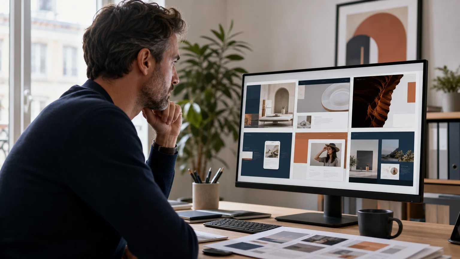 Professionnel européen consulte un portfolio de réalisations web dans un espace de travail