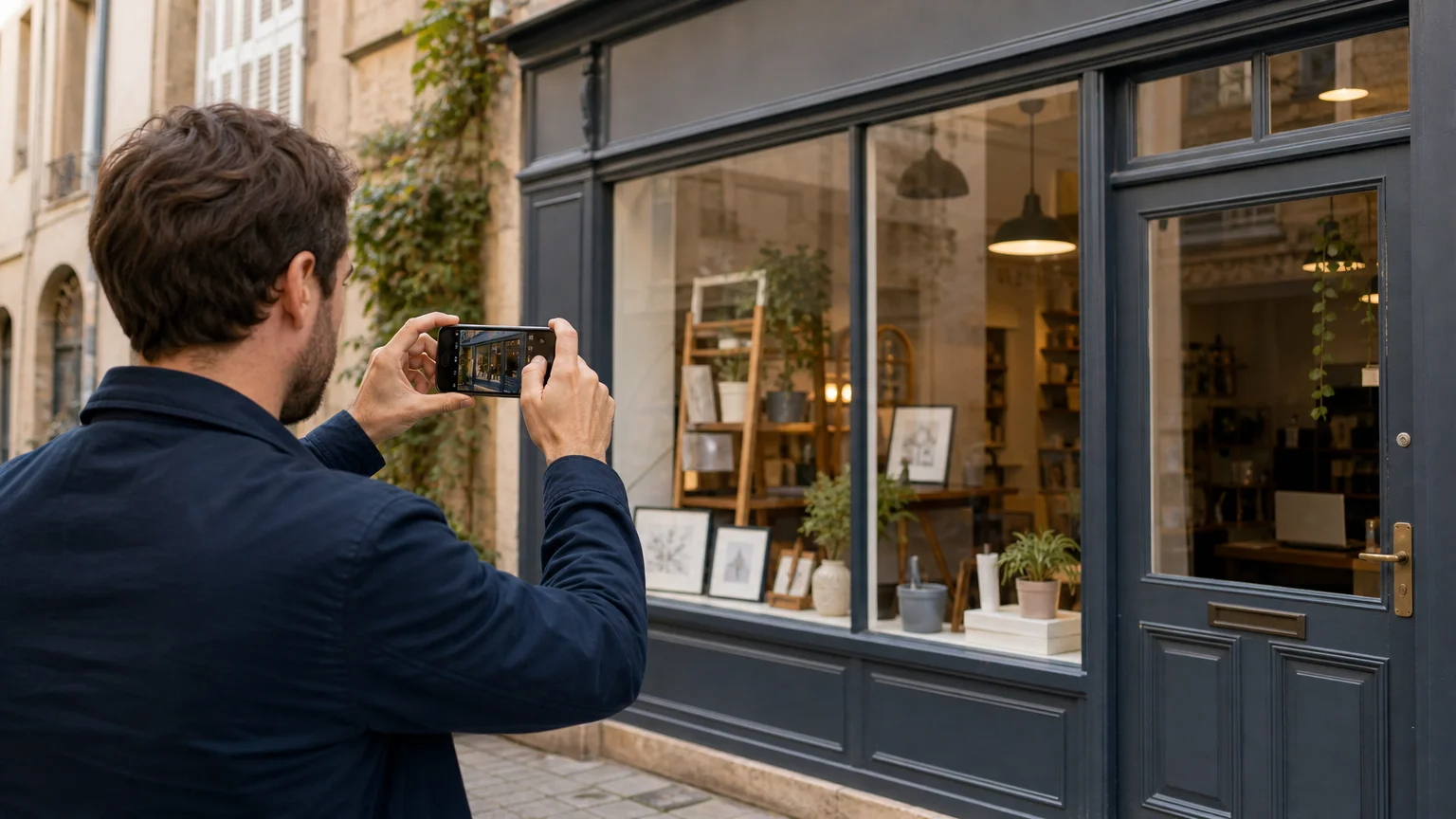 Professionnel photographiant la devanture de son activité à Metz