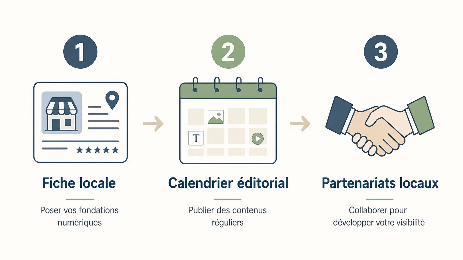 Infographie en français présentant trois étapes pour développer sa visibilité locale