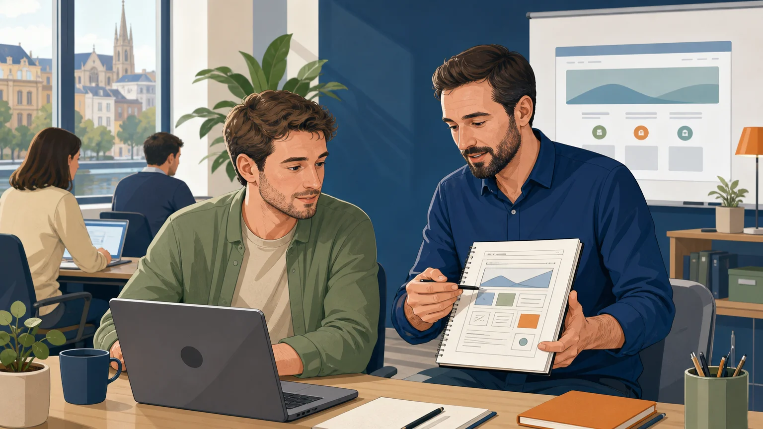 Apprenant européen accompagné par un formateur lors d’un exercice de développement web