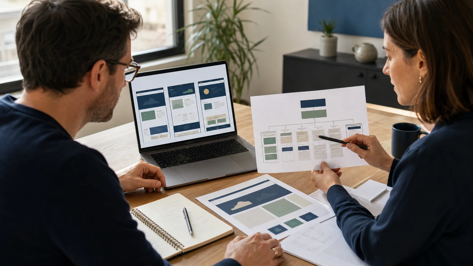 Professionnels examinant l’arborescence d’un site vitrine