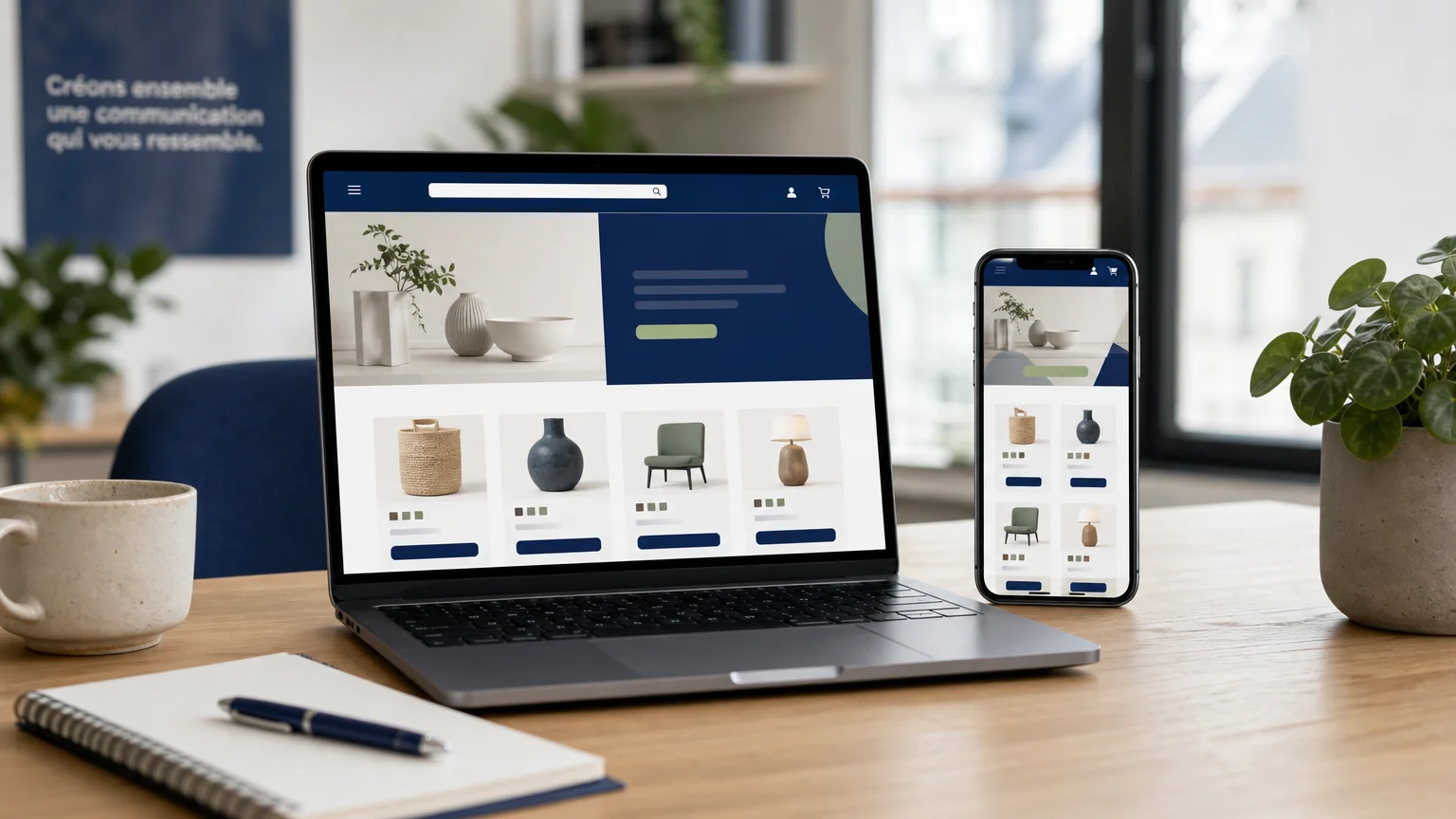 Interface responsive de boutique en ligne sur ordinateur et smartphone