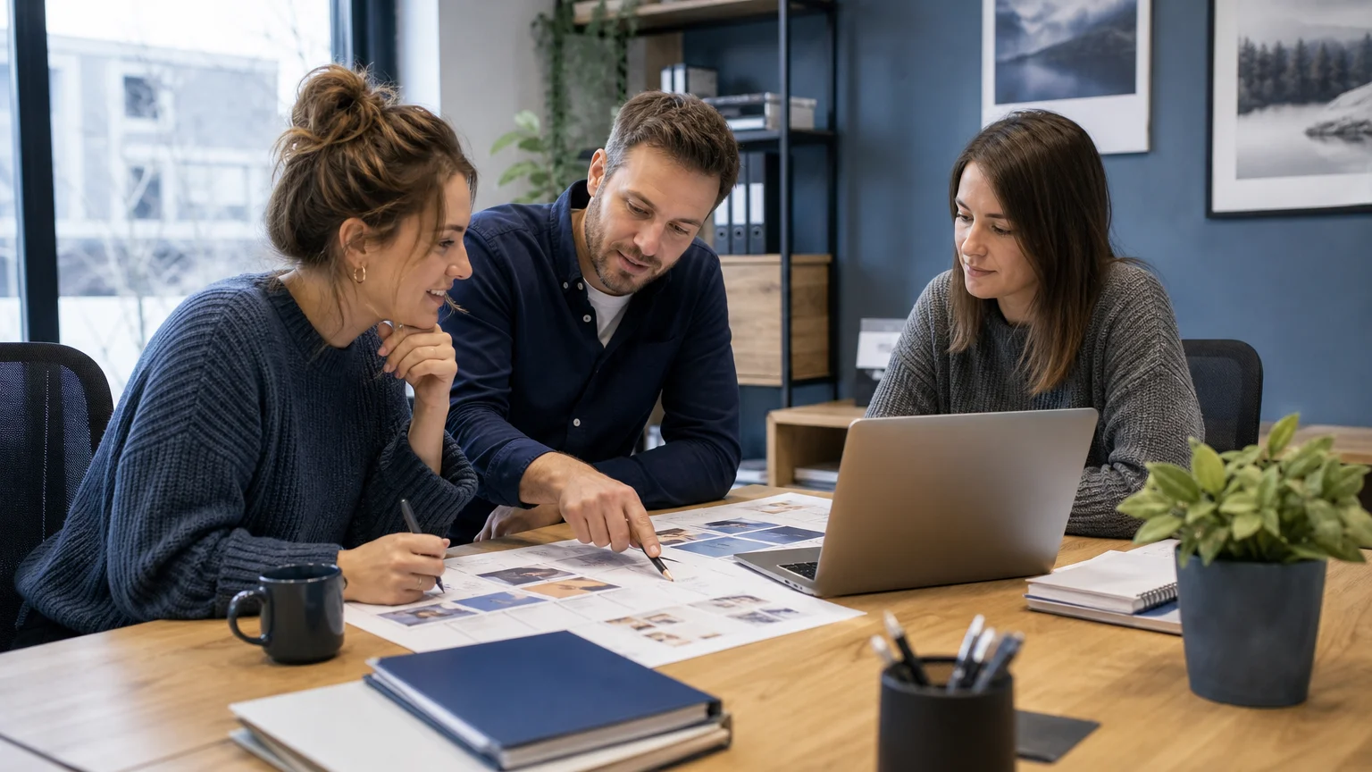 Équipe européenne coordonnant ses contenus de communication dans un bureau
