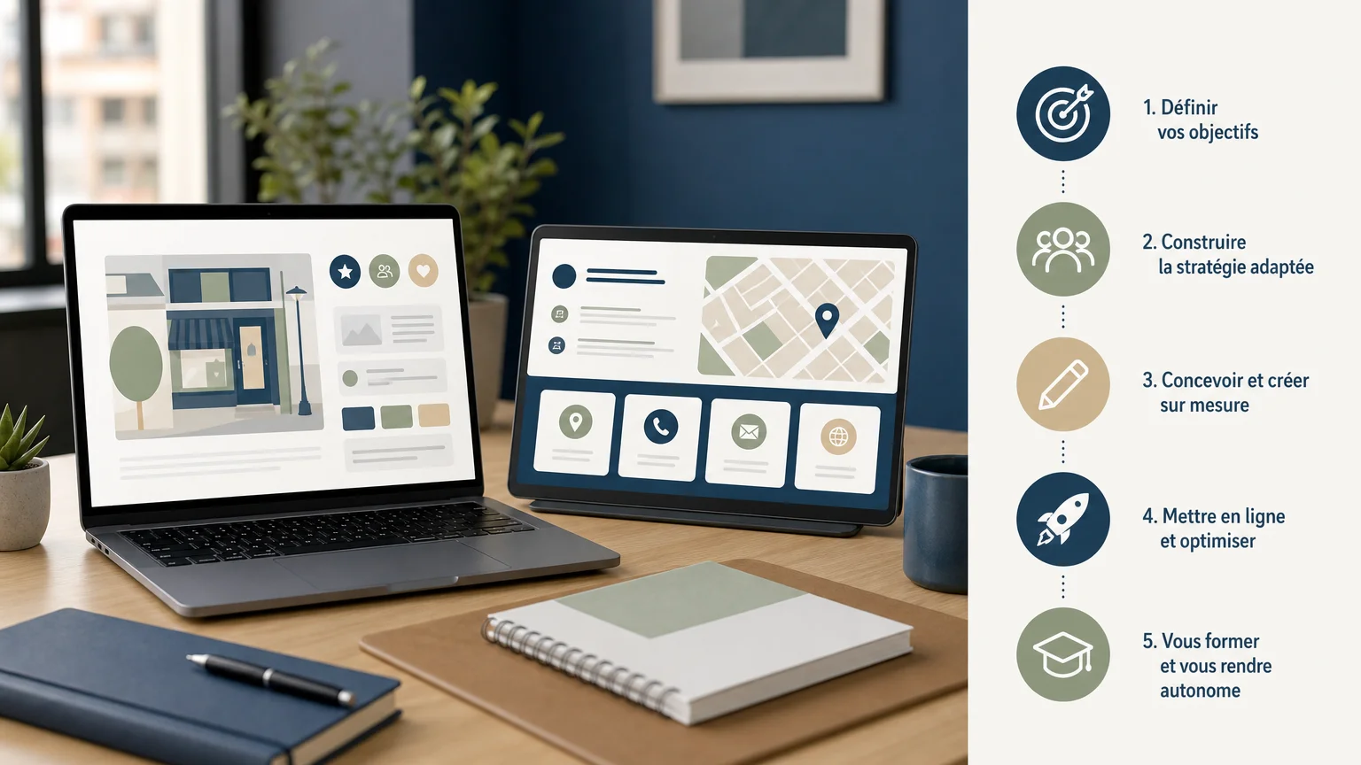 Illustration réaliste d’une fiche locale et d’un site web optimisés ensemble