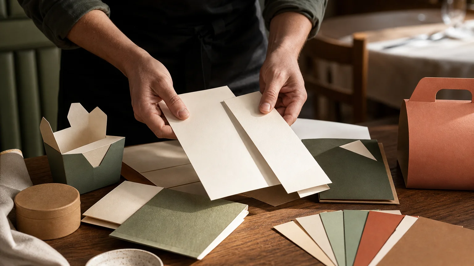 Maquettes de menus et d’emballages examinées pour une identité visuelle de restaurant